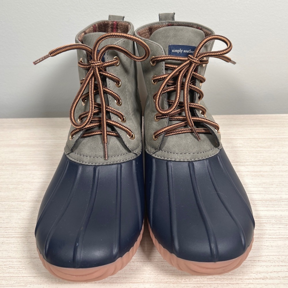 Simply Southern Duck Boots Womens Plaid Lined Ankle Rain Navy Gray Preppy Size 8